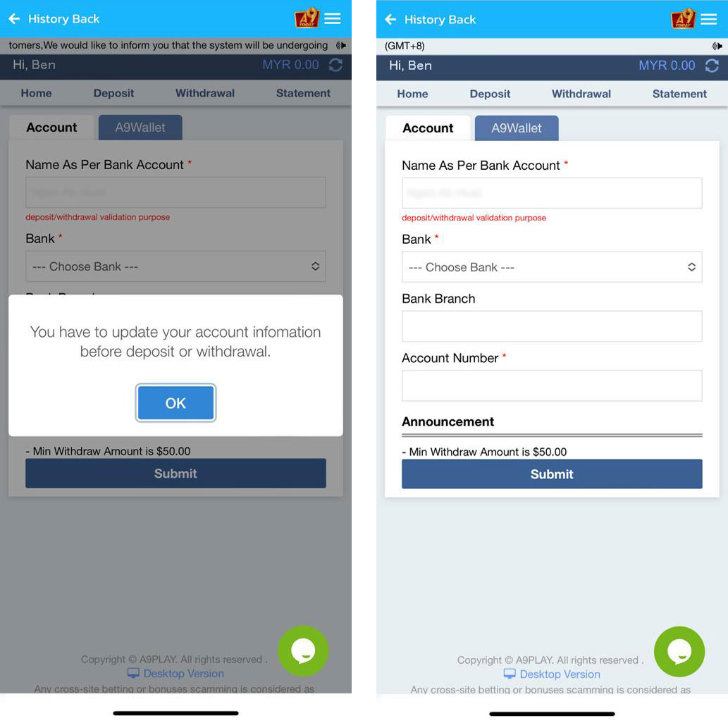 Please update your account information before deposit or withdrawal
